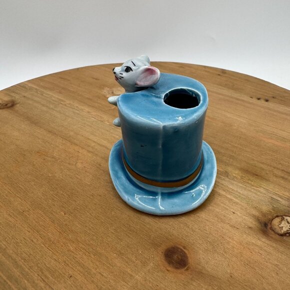 Vintage Mouse in Blue Hat Toothpick Holder Stamped on bottom Japan blue gray - Picture 2 of 12